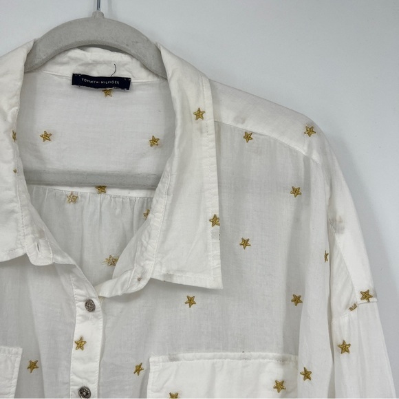 Tommy Hilfiger Gold Star Embroidered Long Sleeve Collared Sheer White Blouse - Picture 2 of 14